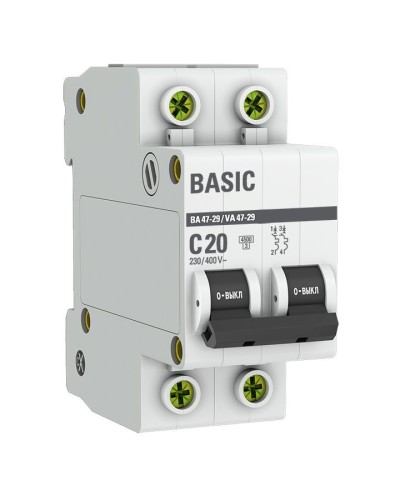 Автоматический выключатель 2P 20А (C) 4,5кА ВА 47-29 Basic (mcb4729-2-20C). Автоматический выключатель. EKF в Благовещенске
