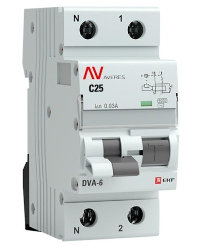 DVA-6 1P+N 25А (C) 30мА (AC) 6кА  AVERES (rcbo6-1pn-25C-30-ac-av). Автоматический выключатель дифференциального тока. EKF в Благовещенске