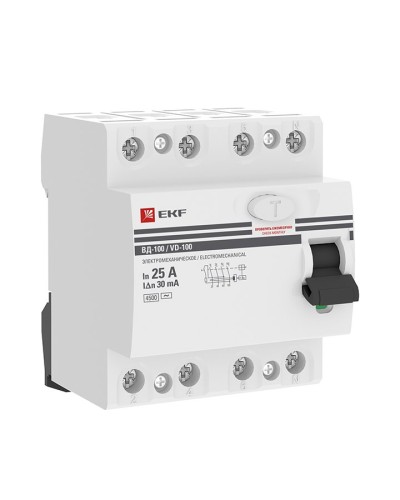 УЗО ВД-100 4P 25А 30мА тип AC эл-мех  PROxima (elcb-4-25-30-em-pro). Выключатель дифференциального тока (УЗО). EKF в Благовещенске