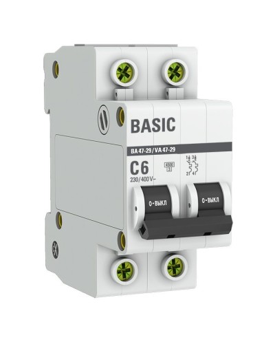 Автоматический выключатель 2P 6А (C) 4,5кА ВА 47-29 Basic (mcb4729-2-06C). Автоматический выключатель. EKF в Благовещенске