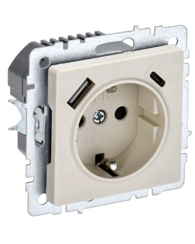 Розетка с з/к с USB A+C 18Вт РЮш11-1-БрКр бежевый BRITE (BR-R14-16-U22-018-K10). Розетка с заземлением с защитными шторками, 18Вт. IEK в Благовещенске