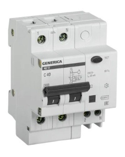 GENERICA АД12 2Р 40А 30мА (MAD15-2-040-C-030). Автоматический выключатель дифференциального тока. IEK в Благовещенске
