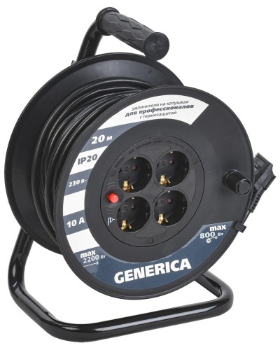 УК20 4 места 2P+PE, 20м GENERICA (WKP10-10-04-20-G). Удлинитель на катушке с термозащитой, 3х1,0кв.мм. IEK в Благовещенске