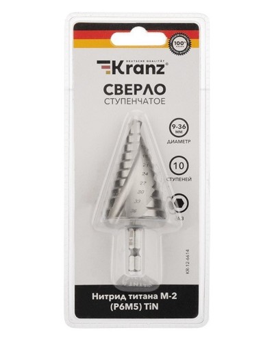 Сверло по металлу ступенчатое ТИТАН 9,0-36,0 мм 110 mm 65 HRC Р6М5 TiN Kranz (KR-12-6614): Сверло по металлу шлифованное в Благовещенске