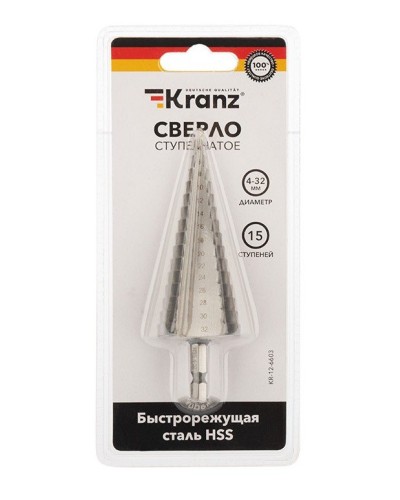 Сверло по металлу ступенчатое 4,0-32,0 мм 102 mm 62 HRC Kranz (KR-12-6603): Сверло по металлу шлифованное в Благовещенске