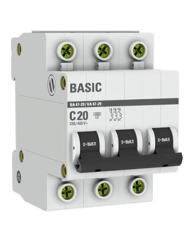 Автоматический выключатель 3P 20А (C) 4,5кА ВА 47-29 Basic (mcb4729-3-20C). Автоматический выключатель. EKF в Благовещенске