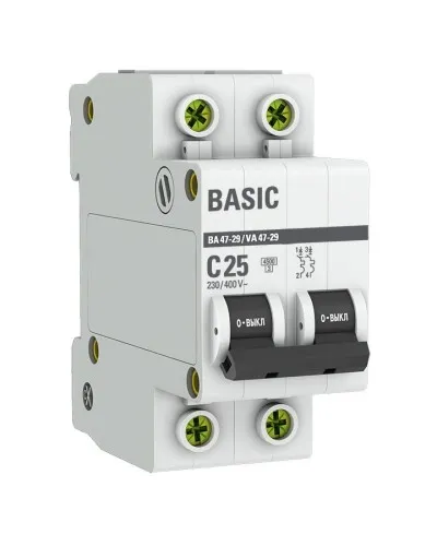Автоматический выключатель 2P 25А (C) 4,5кА ВА 47-29 Basic (mcb4729-2-25C). Автоматический выключатель. EKF в Благовещенске