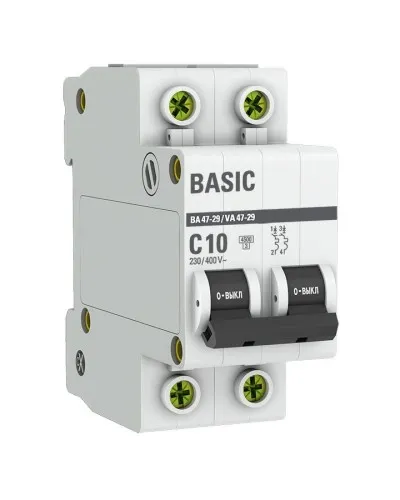 Автоматический выключатель 2P 10А (C) 4,5кА ВА 47-29 Basic (mcb4729-2-10C). Автоматический выключатель. EKF в Благовещенске
